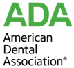 The image shows a logo for the American Dental Association  ADA  with the acronym  ADA  prominently displayed at the top, featuring a stylized letter  A  in green and a lowercase  ada  underneath it.