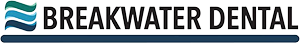 The image shows a logo with the text  BREAKWATER DENTAL  and an associated website address, set against a background that includes a stylized watermark or emblem.