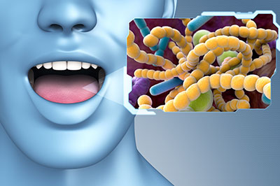 An image featuring a 3D human face with an open mouth, overlaid with a graphic of bacteria and a text box explaining the concept of antibodies.