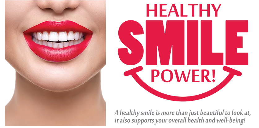 The image is a graphic with text that reads  HEALTHY SMILE POWER  and features a close-up of a person s face with red lipstick.