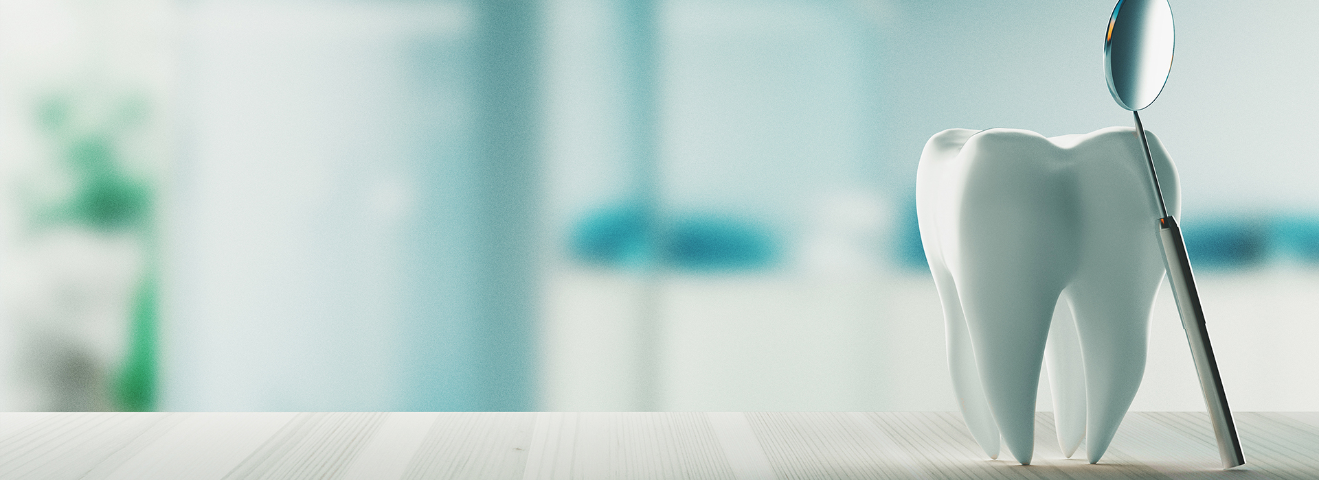 A digital illustration of a toothbrush with a human-like face, standing upright on a countertop in an office setting.